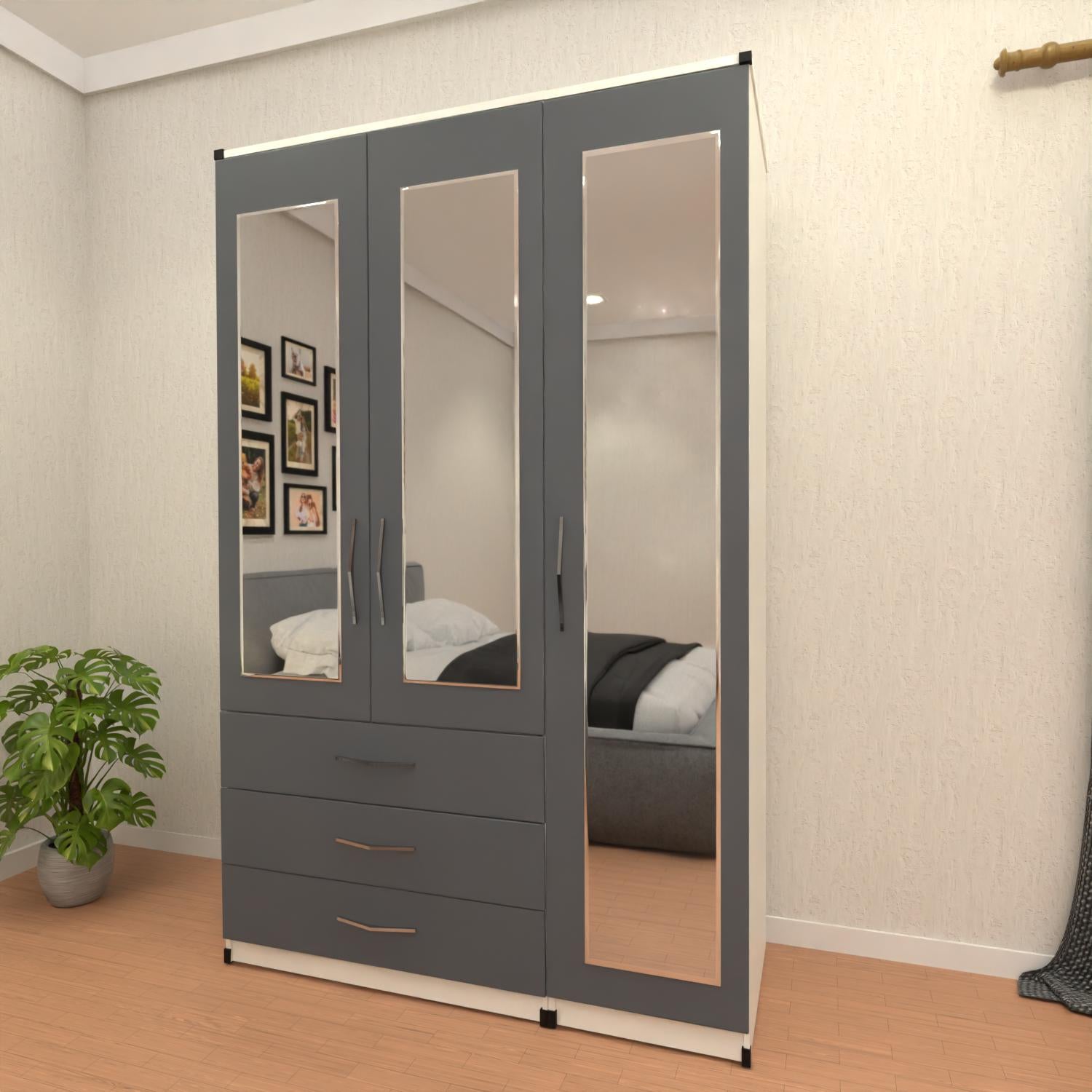 Grey & White 3 door wardrobe with spacious drawer storage