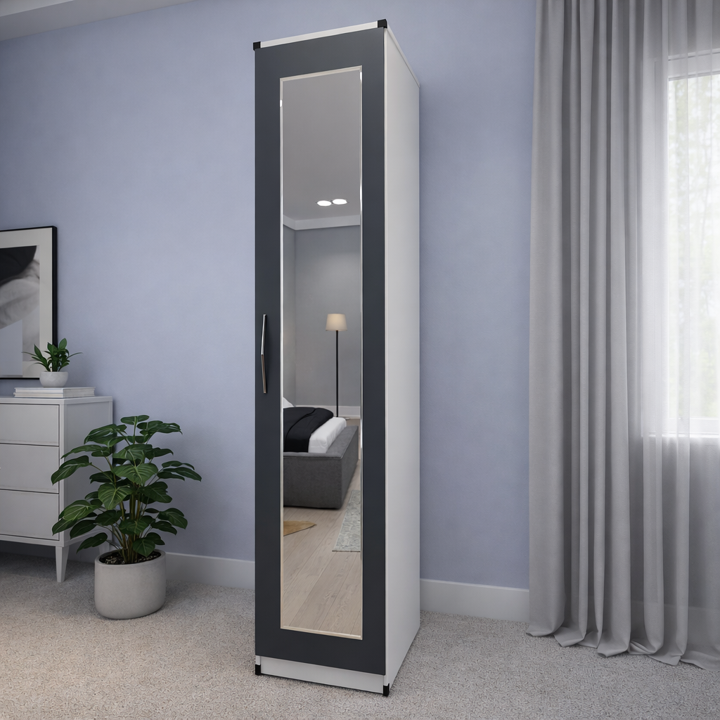 Grey & White  slim mirrored wardrobe for compact bedroom interiors