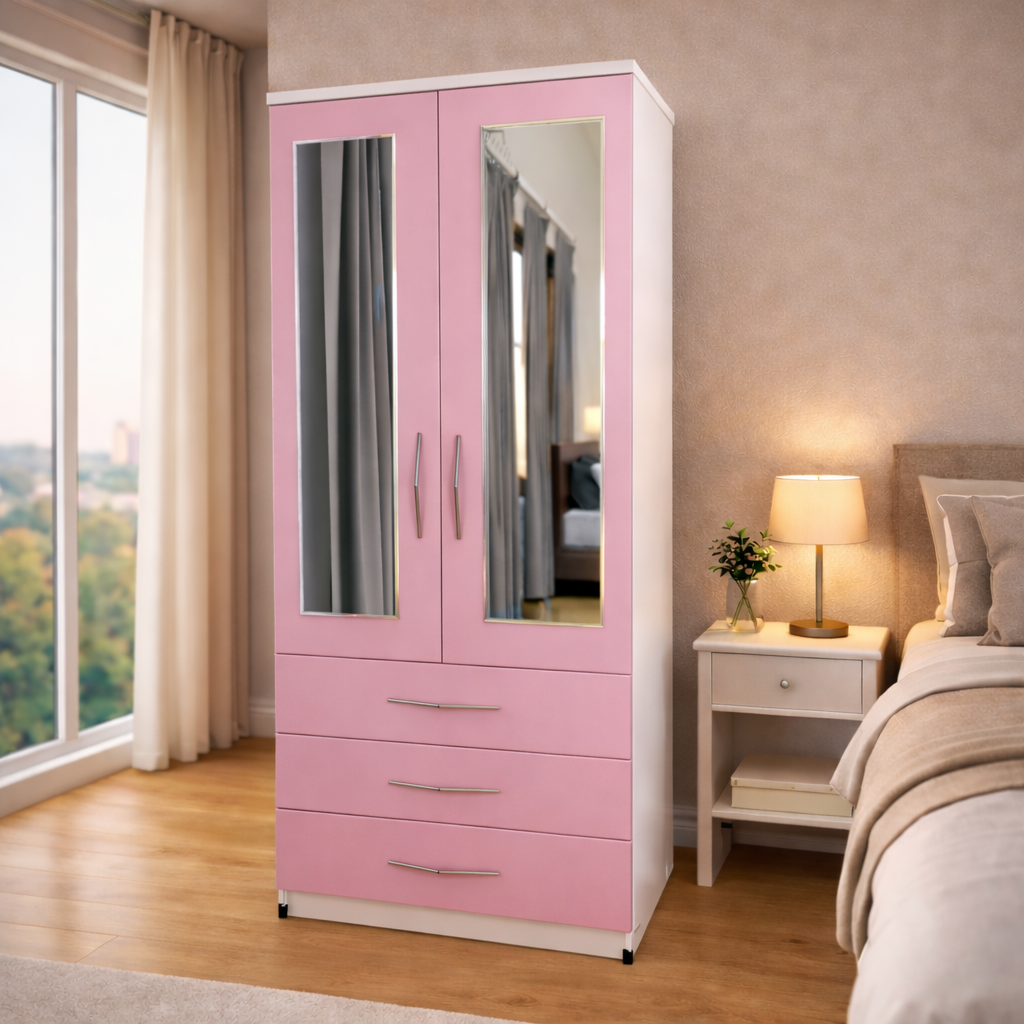 Pink & White 2 door mirrored wardrobe with 3 storage drawers