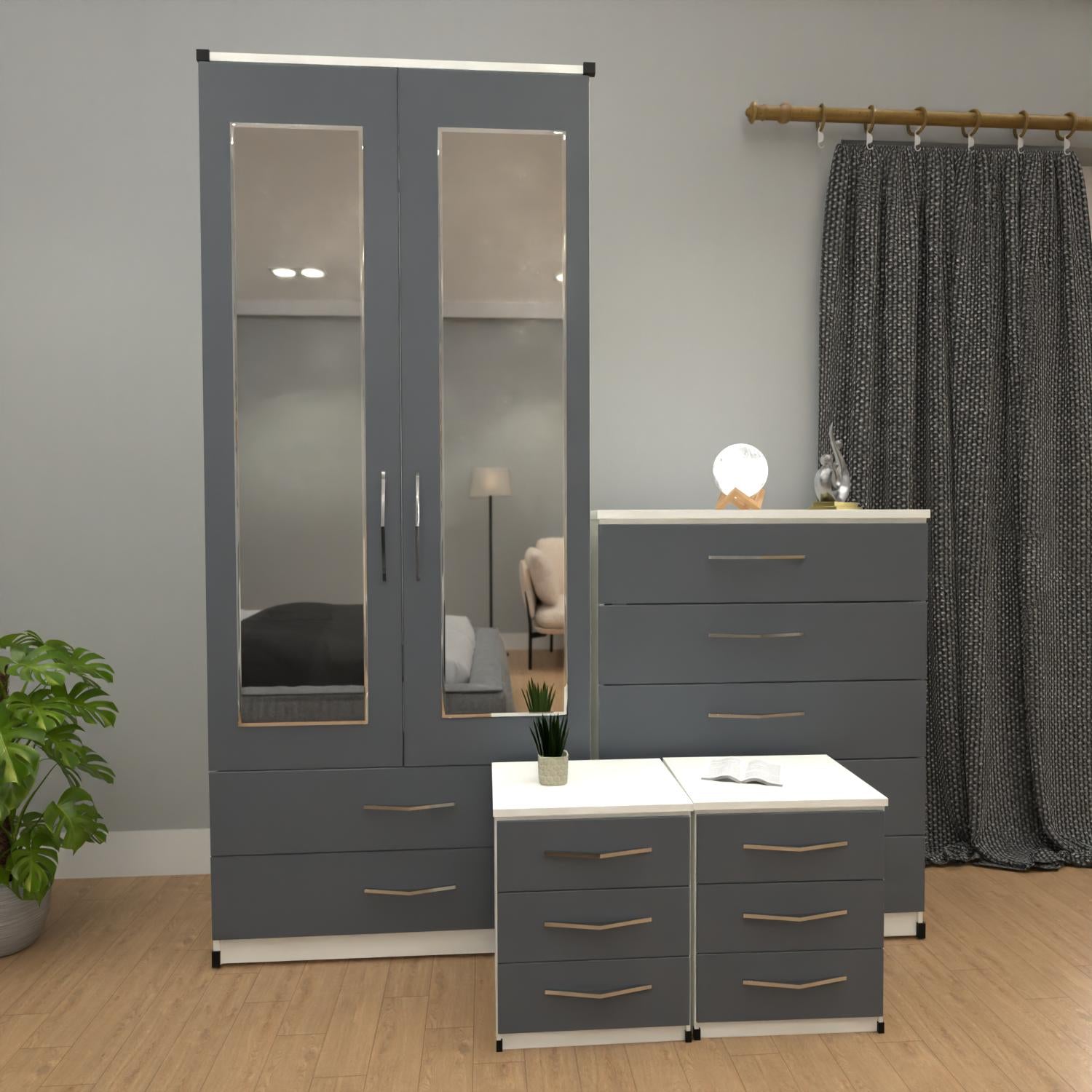 Grey & White  2 door mirrored wardrobe furniture set with 3 drawer bedside cabinets and 5 drawer chest
