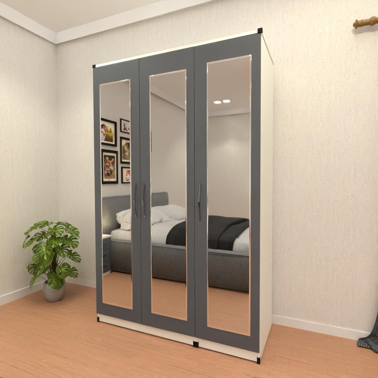 Grey & White 3 door mirrored wardrobe with spacious hanging storage