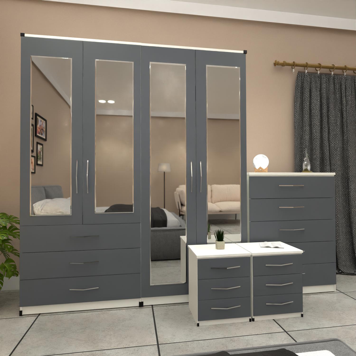 Grey & White 4 door wardrobe bedroom furniture set with bedside cabinets and chest of drawers