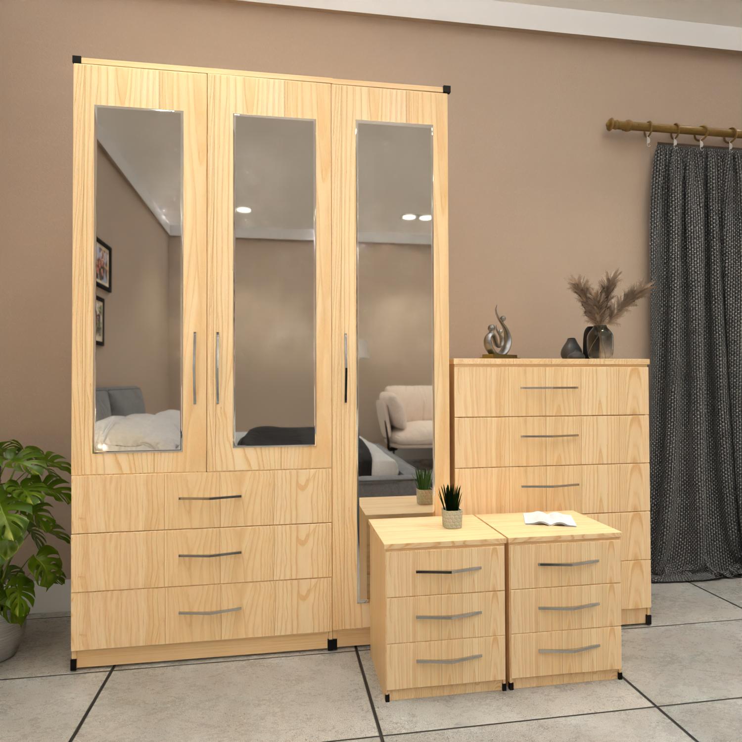 Oak 3 door mirrored wardrobe bedroom furniture set with bedside tables and chest of drawers