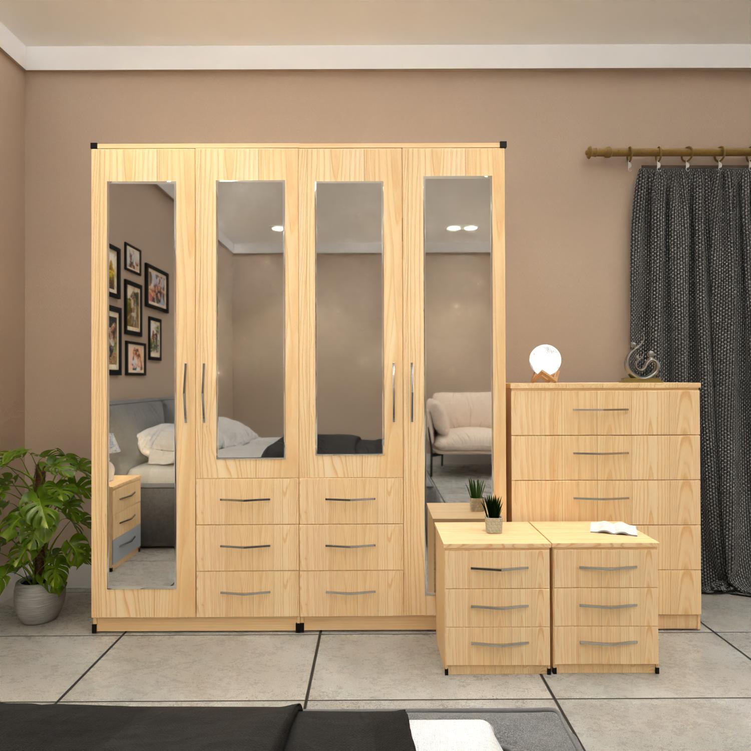 Oak 4 door mirrored combi wardrobe bedroom set with bedside tables and chest of drawers