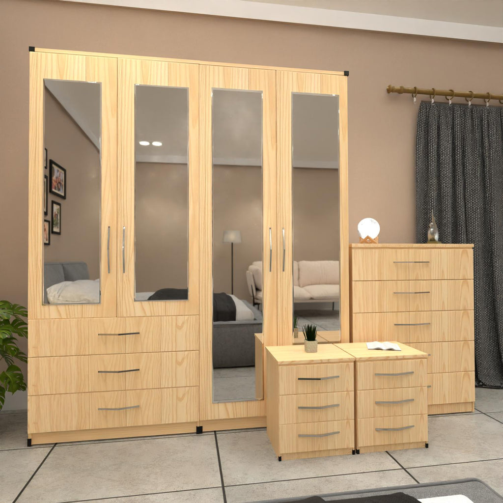 Oak 4 door wardrobe bedroom furniture set with bedside cabinets and chest of drawers