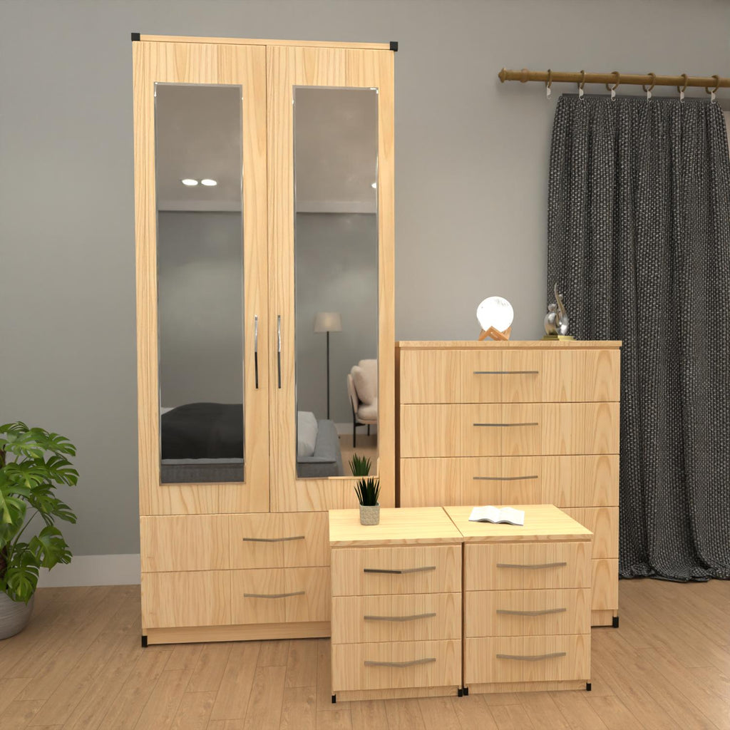 Oak 2 door mirrored wardrobe furniture set with 3 drawer bedside cabinets and 5 drawer chest