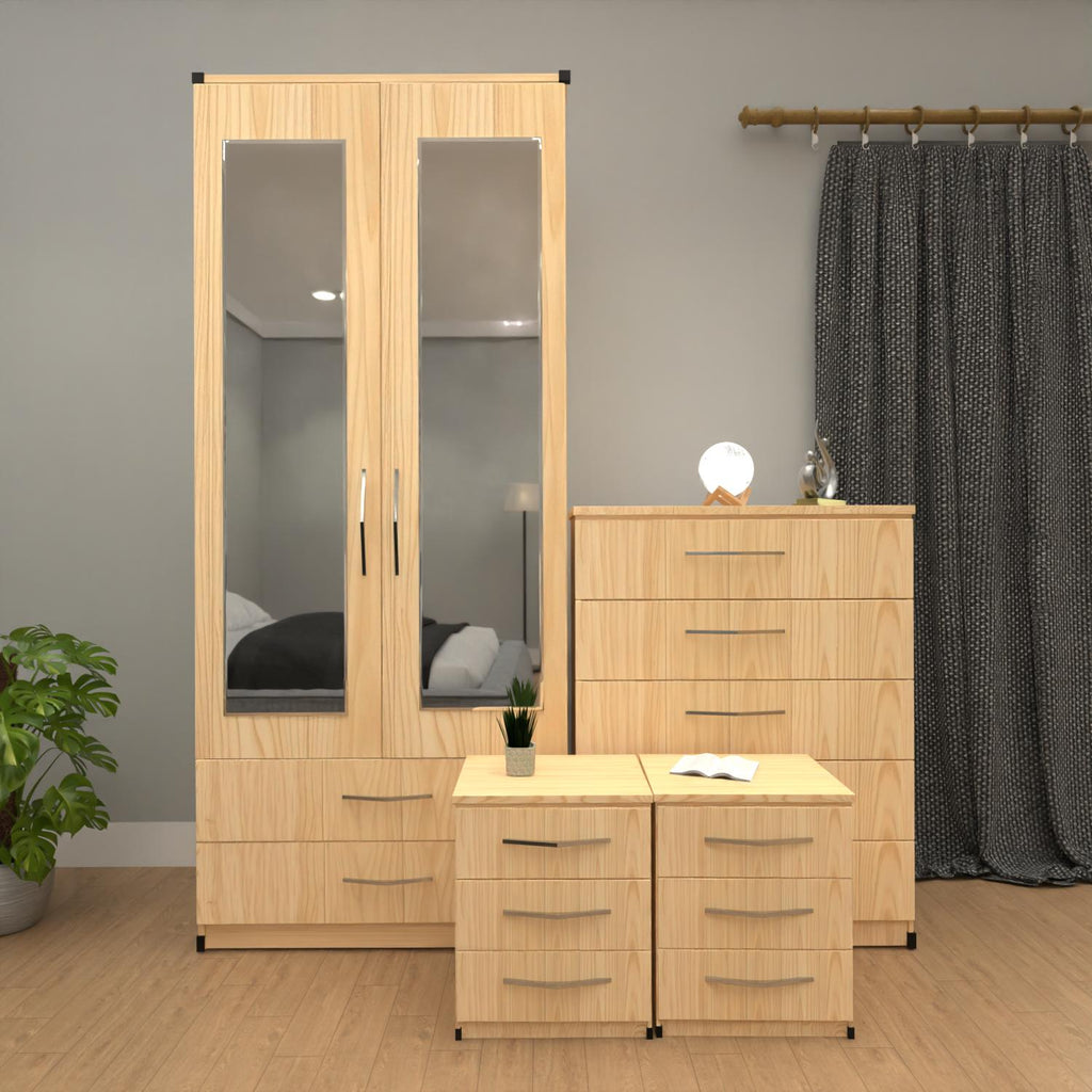 Oak 2 door mirrored wardrobe furniture set with 3 drawer bedside cabinets and 5 drawer chest
