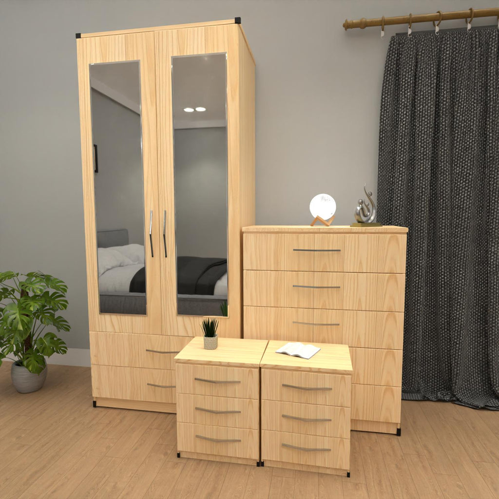 Oak 2 door mirrored wardrobe furniture set with 3 drawer bedside cabinets and 5 drawer chest