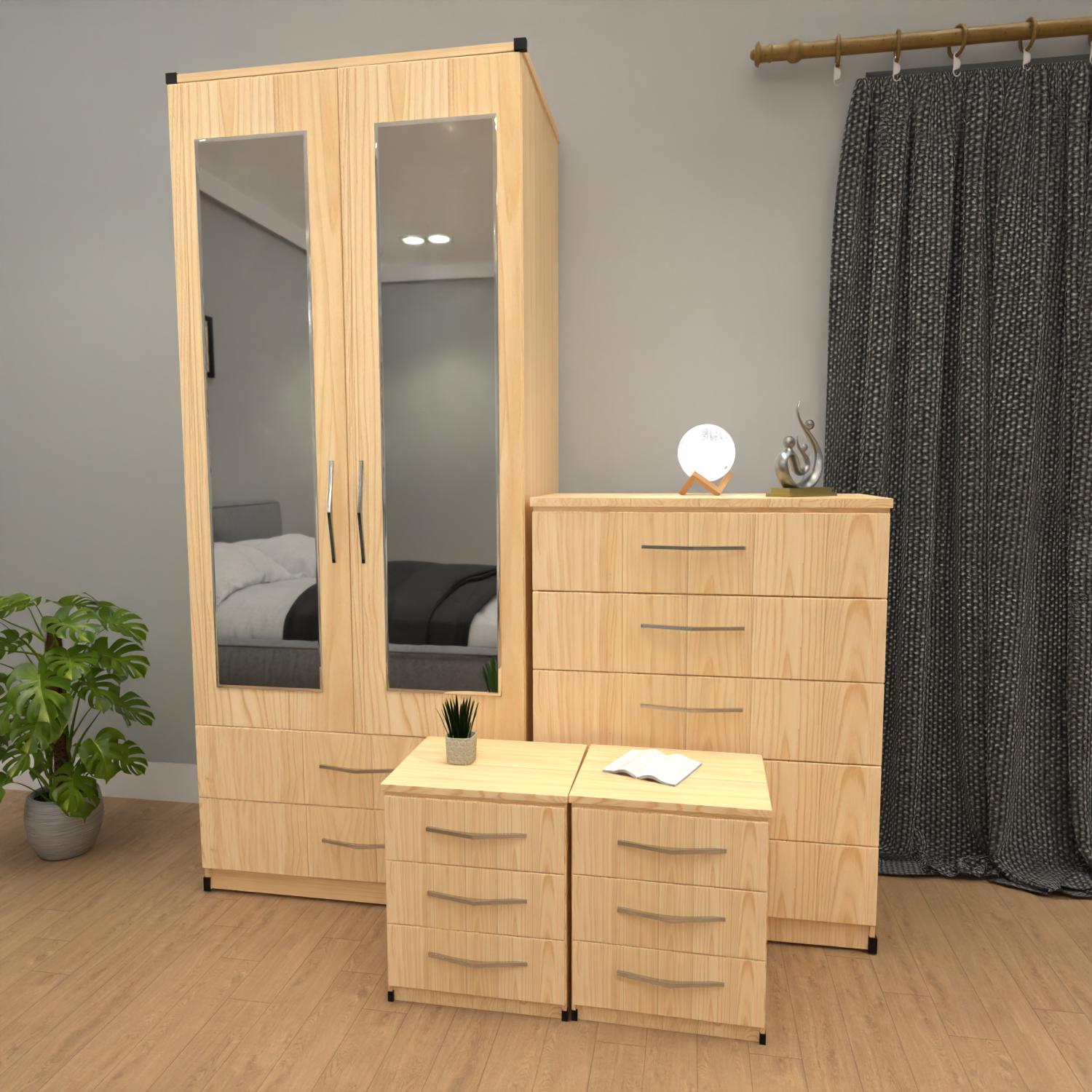 Oak 2 door mirrored wardrobe furniture set with 3 drawer bedside cabinets and 5 drawer chest