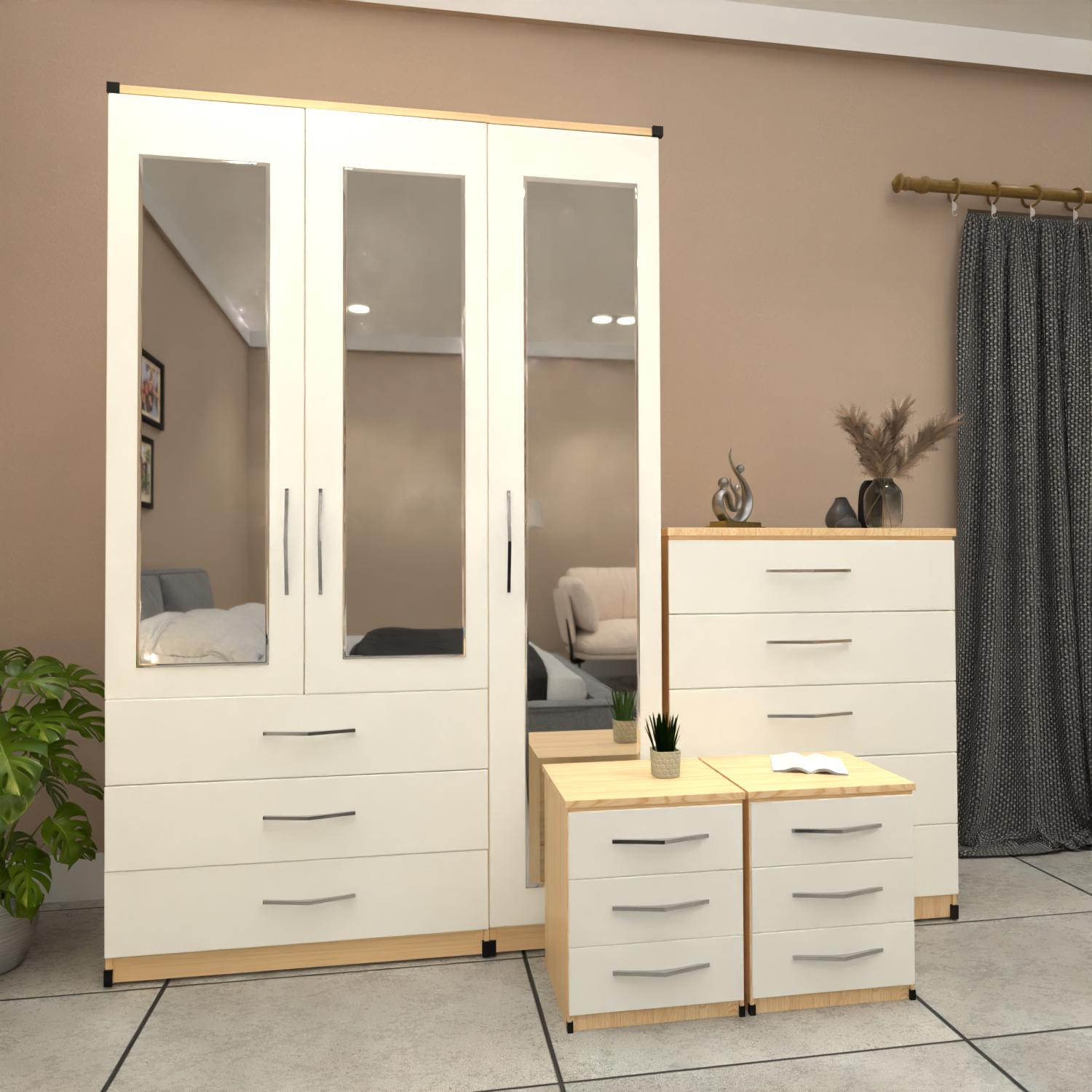 Oak & White 3 door mirrored wardrobe bedroom furniture set with bedside tables and chest of drawers