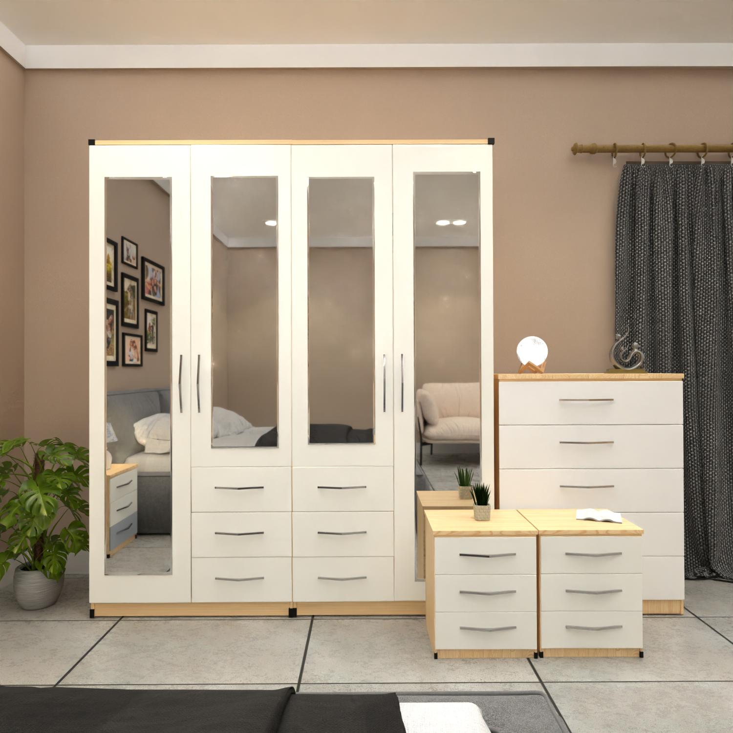 Oak & White 4 door mirrored combi wardrobe bedroom set with bedside tables and chest of drawers
