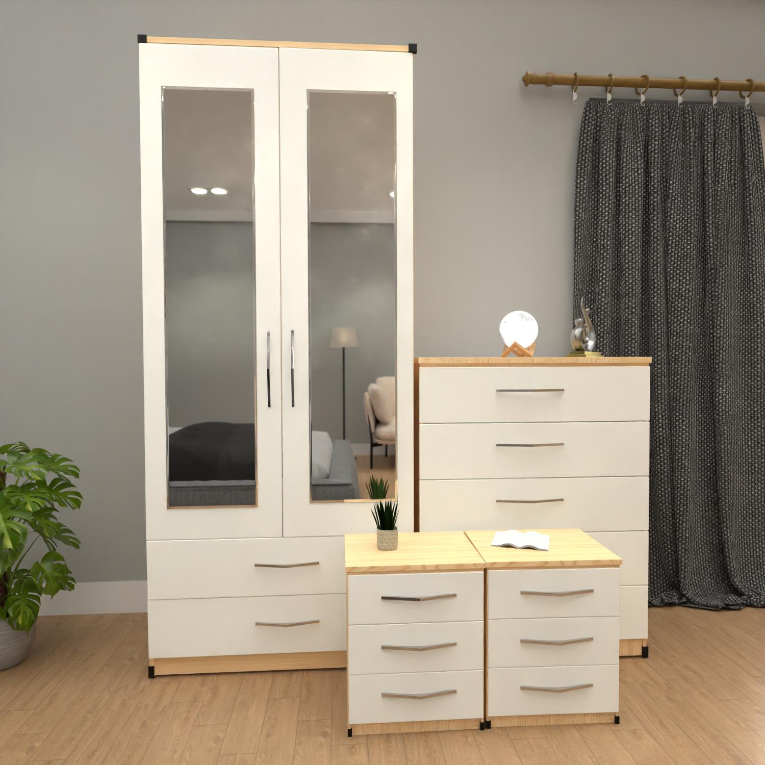 Oak & White 2 door mirrored wardrobe furniture set with 3 drawer bedside cabinets and 5 drawer chest