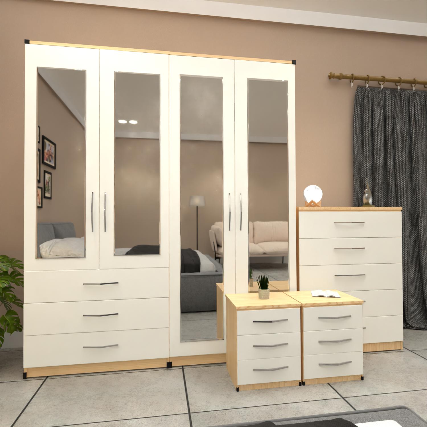 Oak & White 4 door wardrobe bedroom furniture set with bedside cabinets and chest of drawers