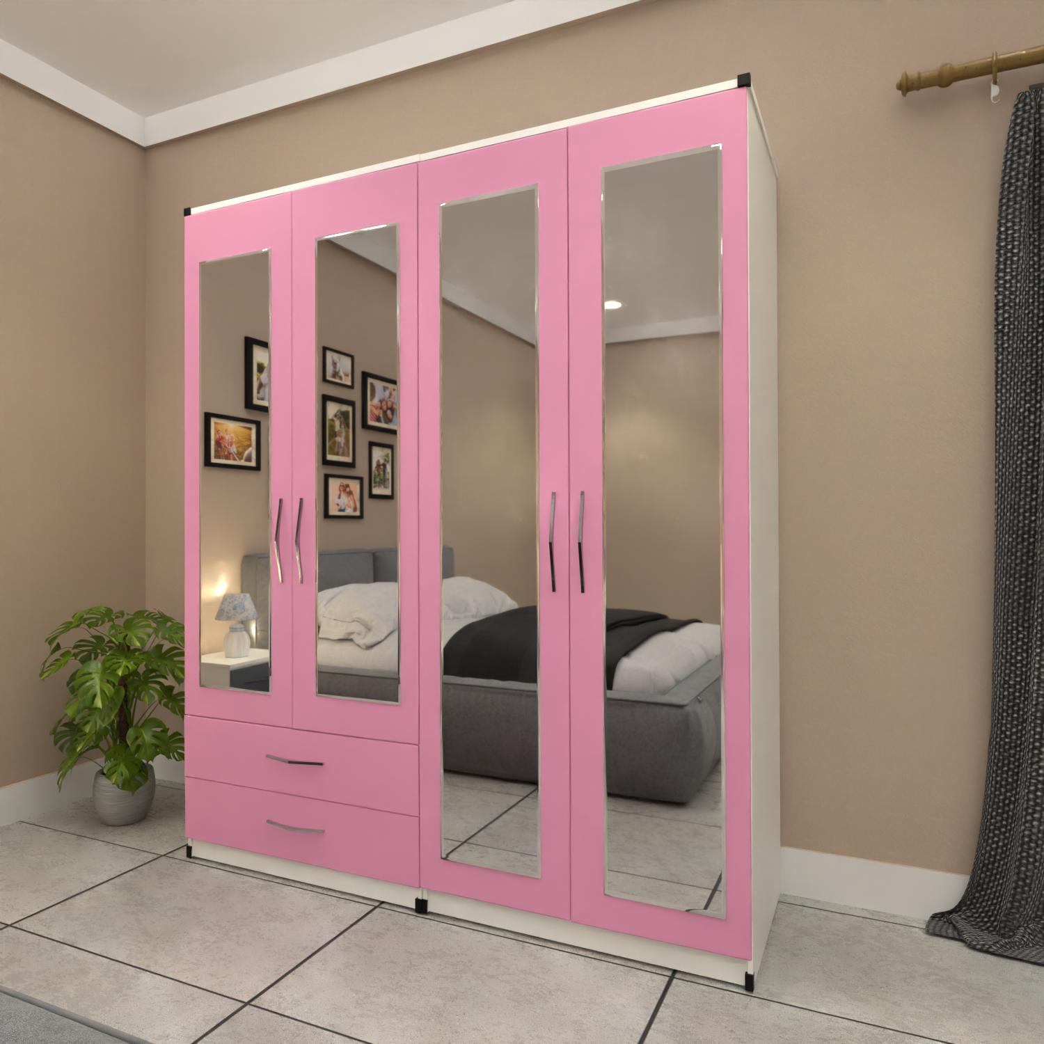 Pink & White 4 door mirrored wardrobe furniture set with storage drawers