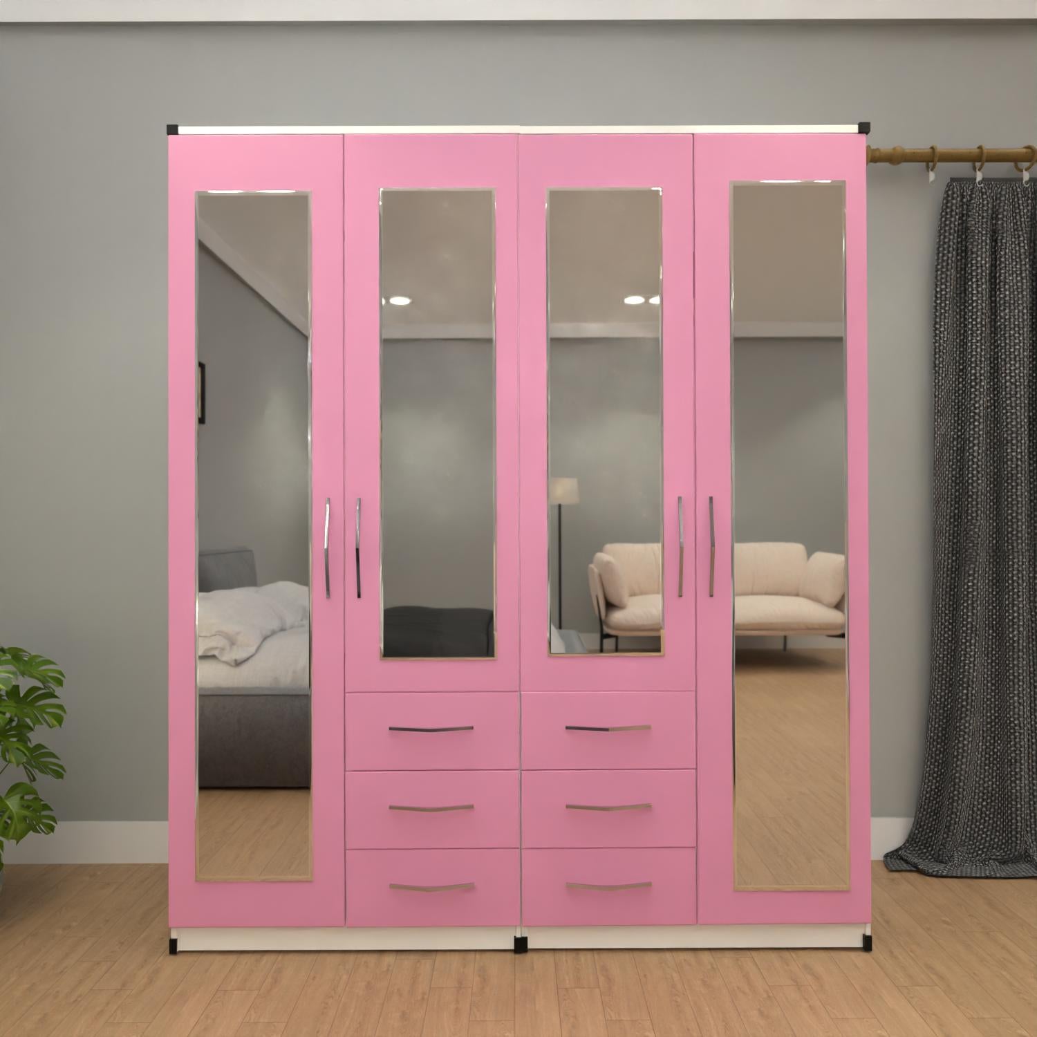 Pink & White 4 door mirrored combi wardrobe with 6 drawers