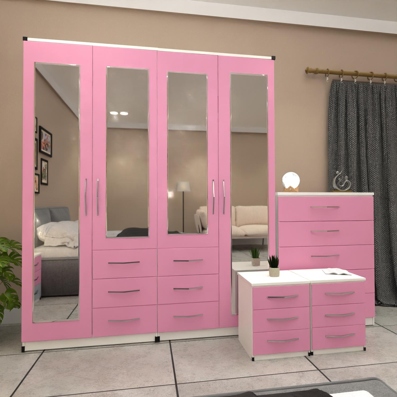 Pink & White 4 door mirrored combi wardrobe bedroom set with bedside tables and chest of drawers