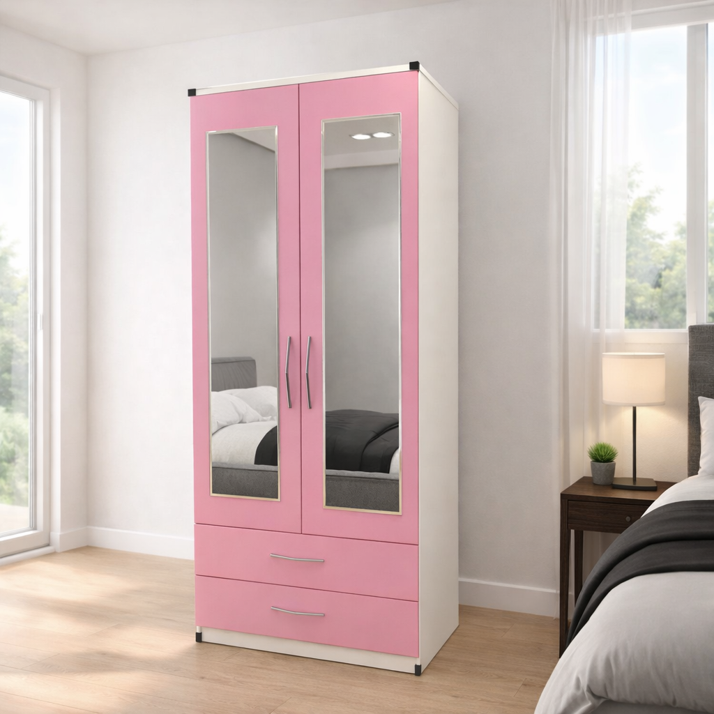 Pink & White  finish 2 door mirrored wardrobe with drawer storage