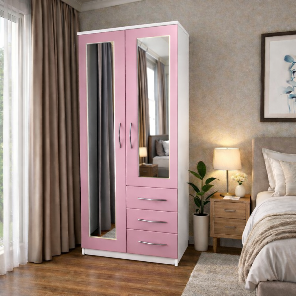 Pink & White  modern combi wardrobe with side drawers for bedroom storage