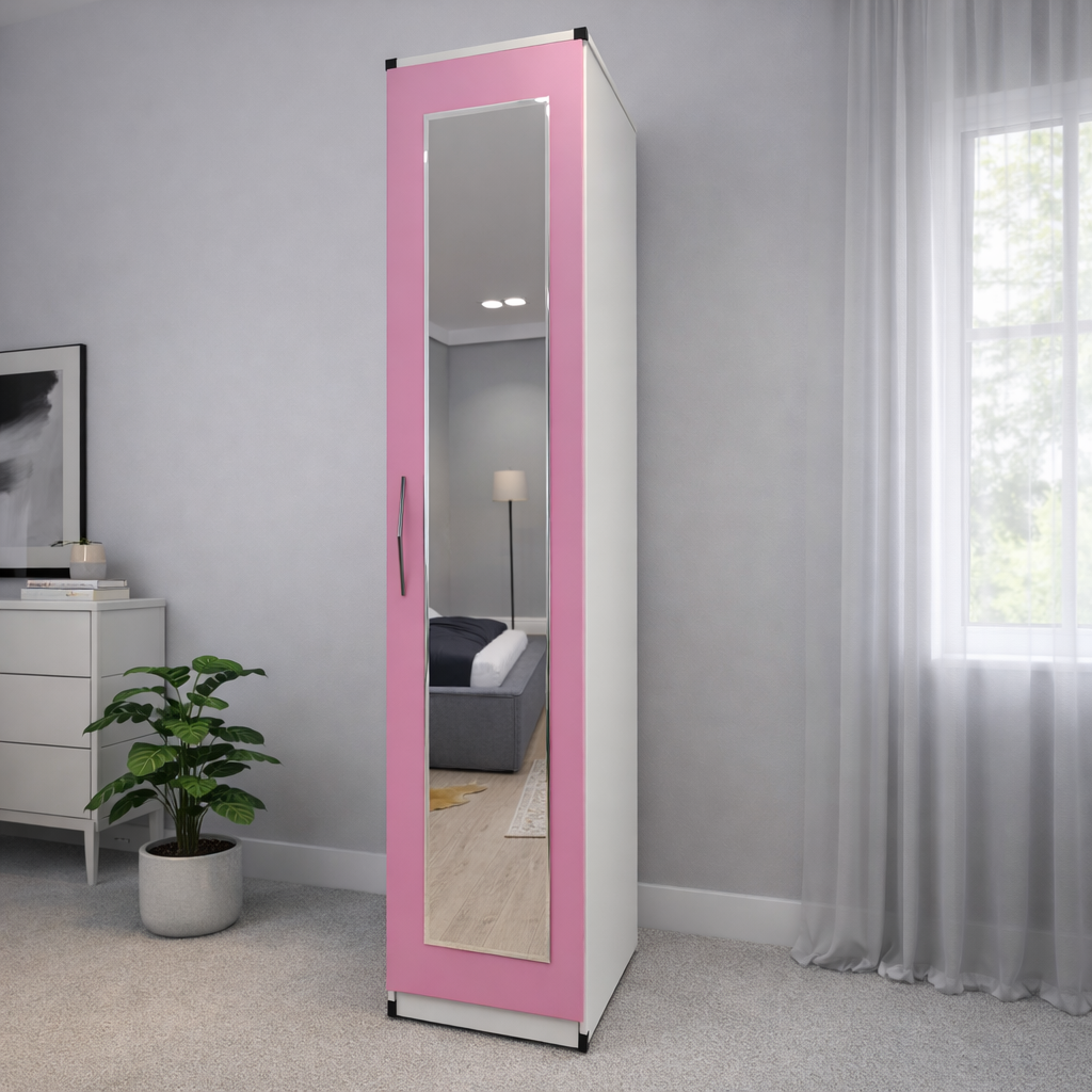 Pink & White slim mirrored wardrobe for compact bedroom interiors