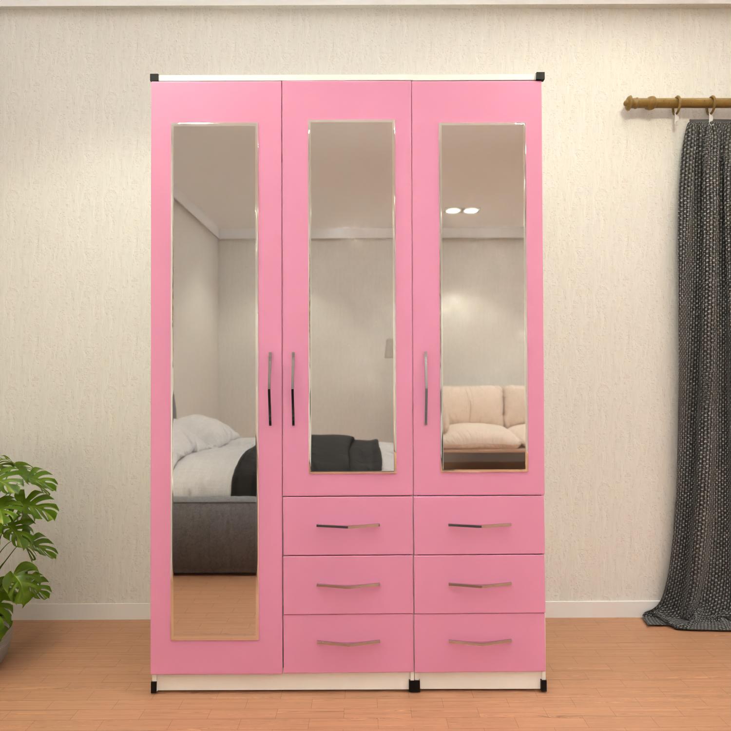 Pink & white 3 door mirrored combi wardrobe with drawer storage