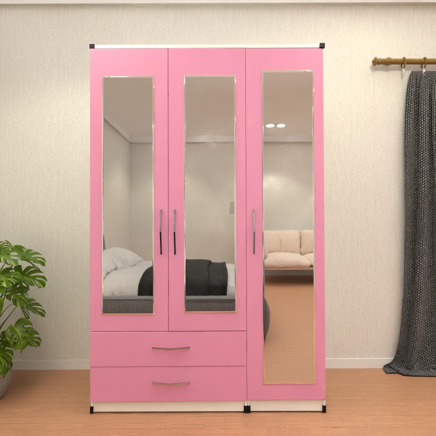 Pink & white 3 door mirrored wardrobe with storage drawers