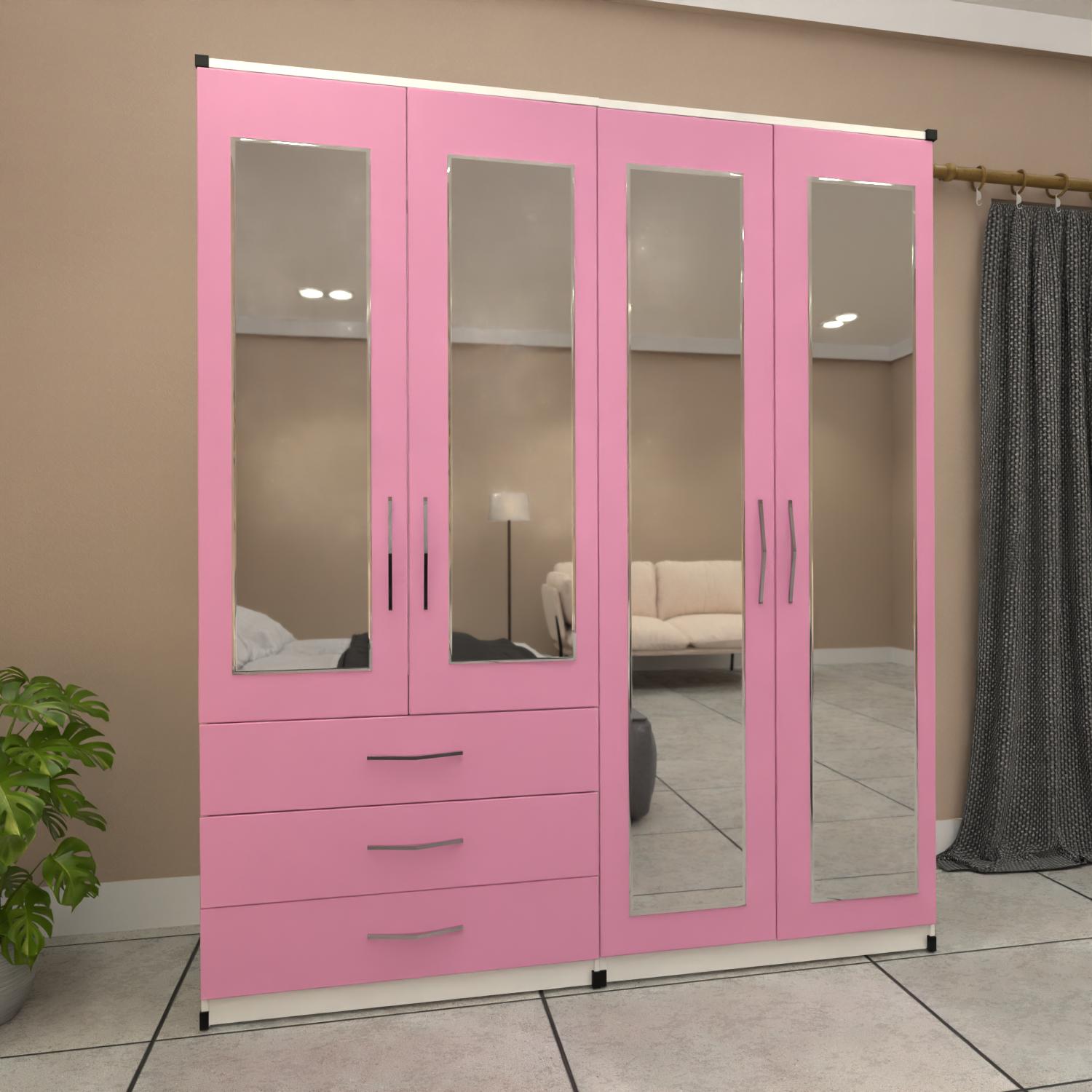 Pink & White 4 door mirrored wardrobe with spacious drawer storage