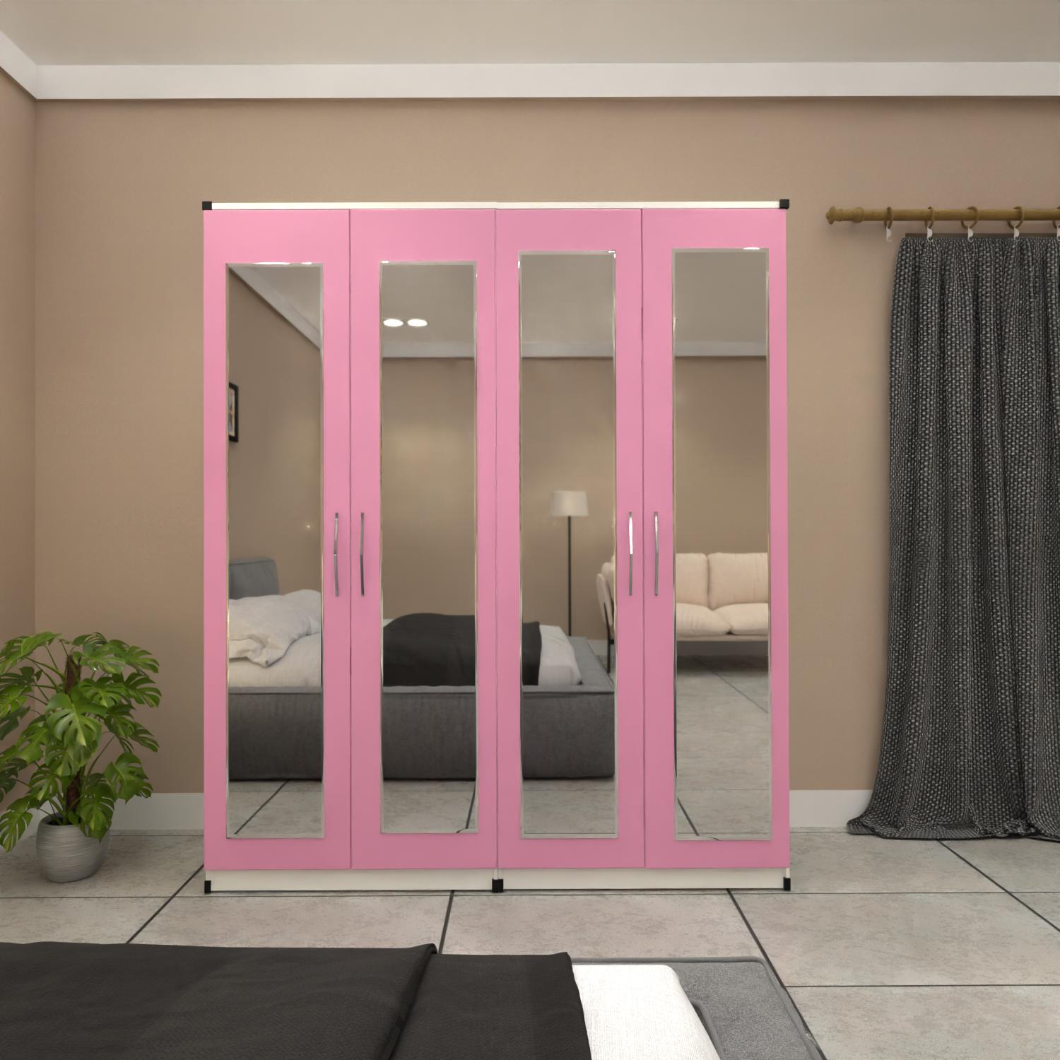 Pink & White 4 door mirrored wardrobe with spacious bedroom storage