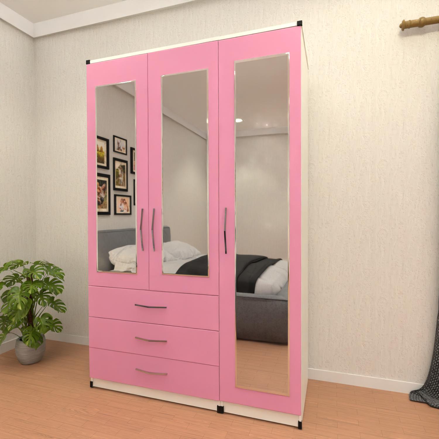 Pink & White 3 door wardrobe with spacious drawer storage