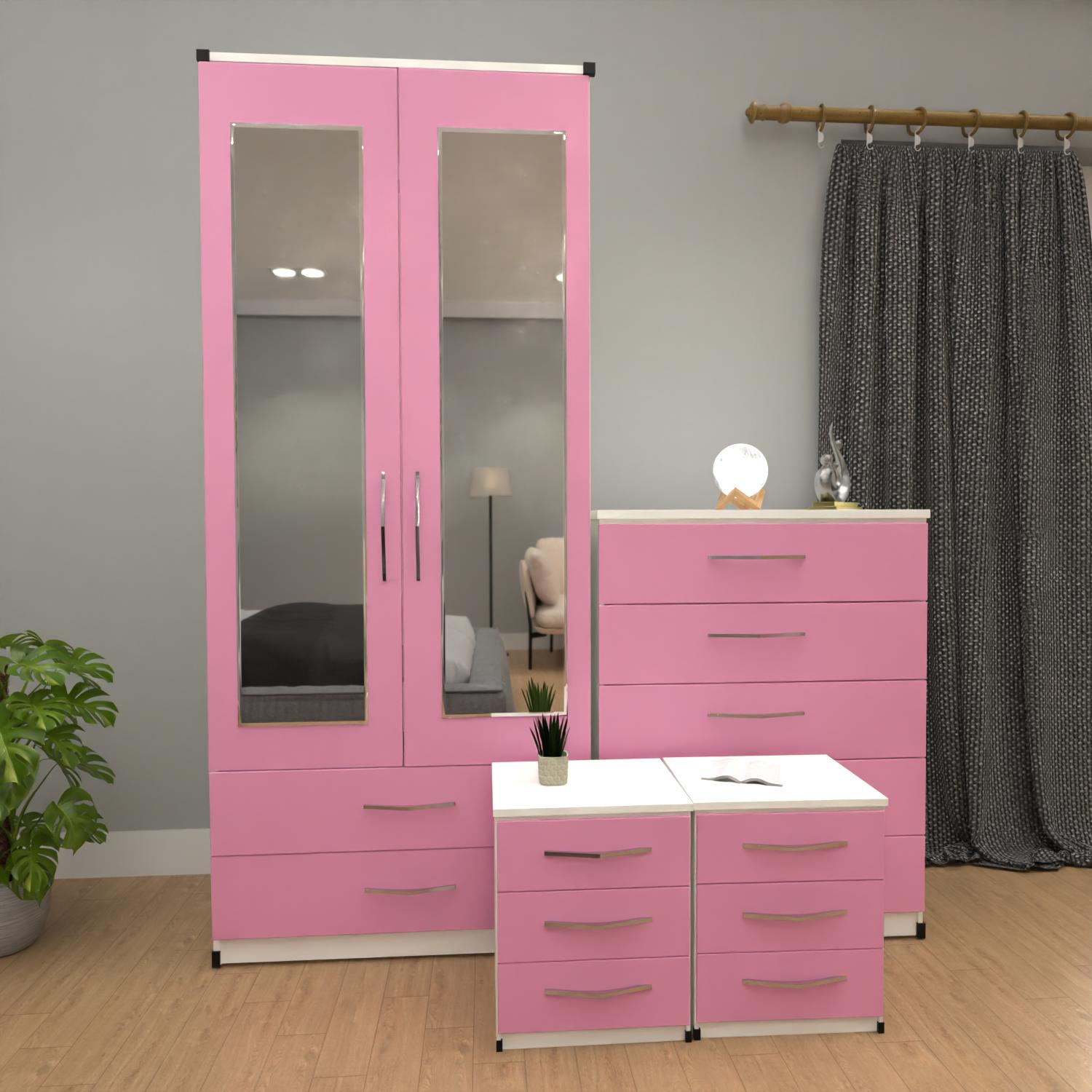 Pink & White  2 door mirrored wardrobe furniture set with 3 drawer bedside cabinets and 5 drawer chest