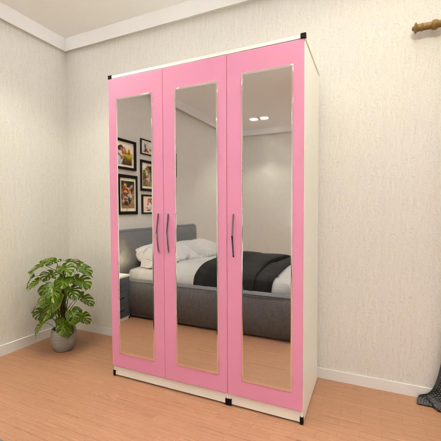 Pink & White 3 door mirrored wardrobe with spacious hanging storage