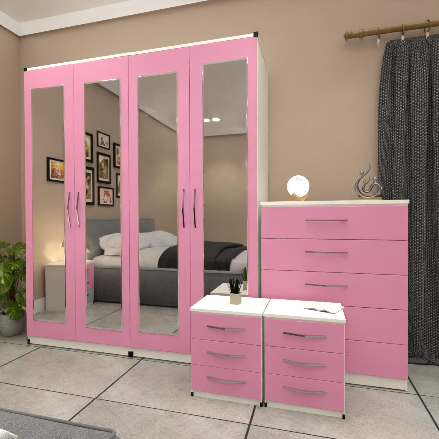 Pink & White 4 door mirrored wardrobe furniture set with 2 bedside cabinets and chest drawers