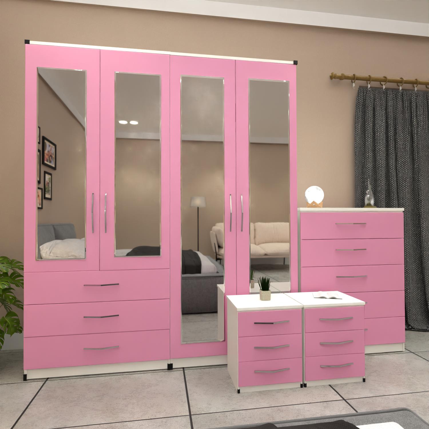 Pink & White 4 door wardrobe bedroom furniture set with bedside cabinets and chest of drawers