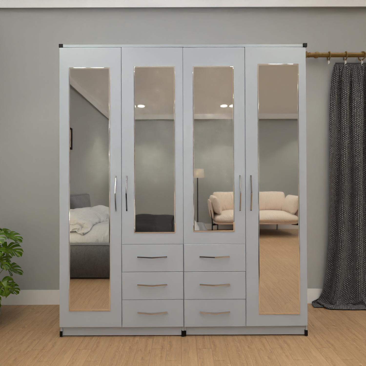 Silver 4 door mirrored combi wardrobe with 6 drawers