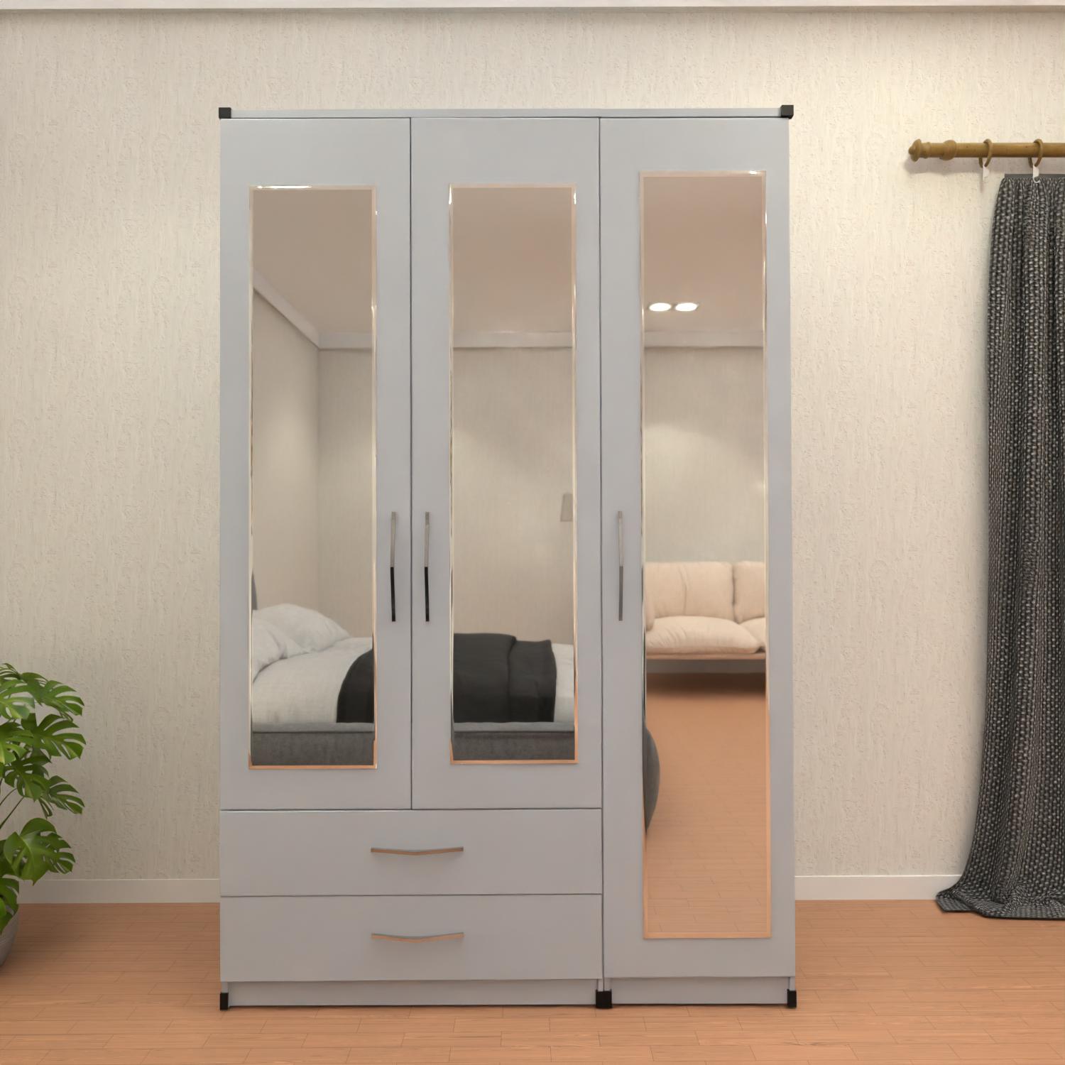 Silver 3 door mirrored wardrobe with storage drawers