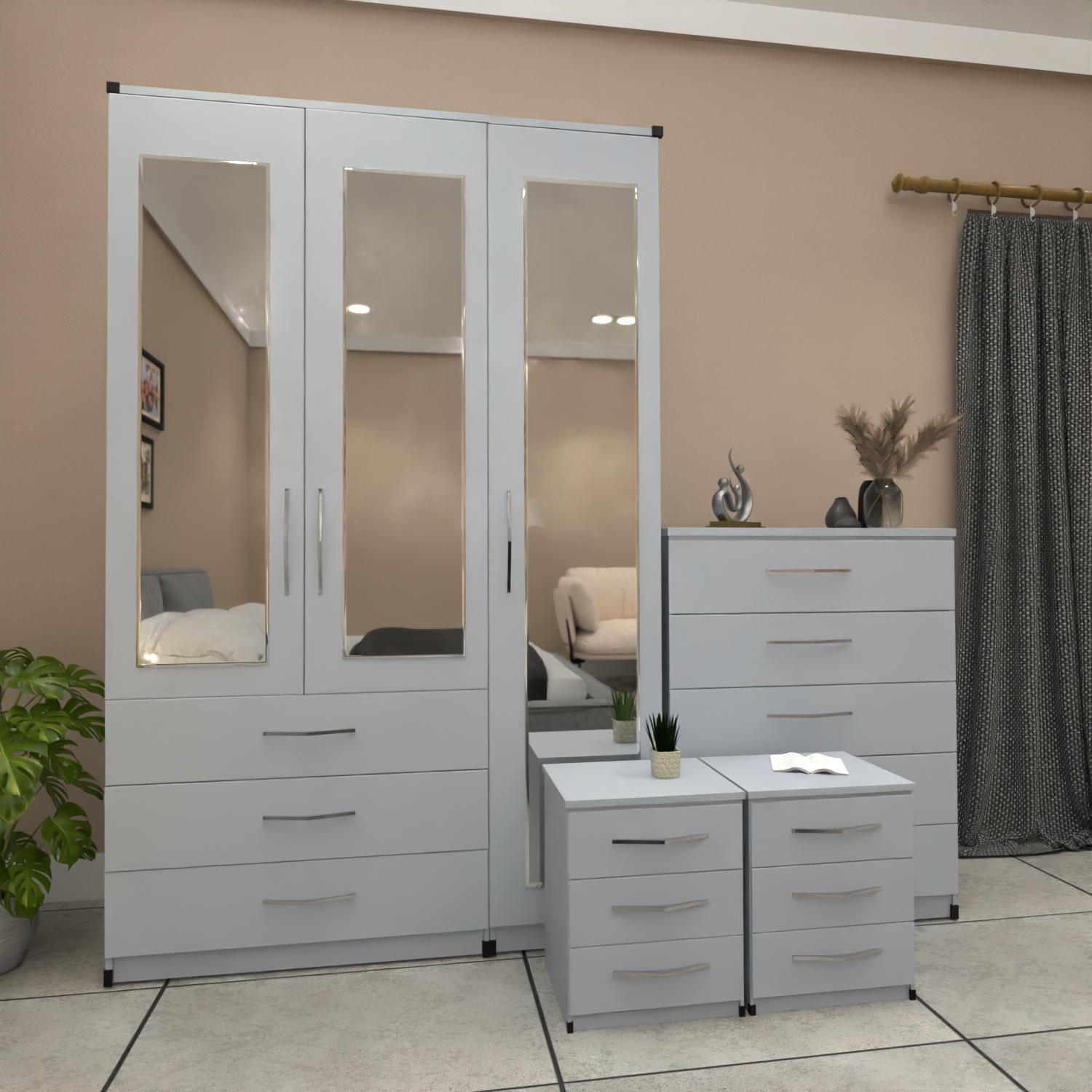 Silver 3 door mirrored wardrobe bedroom furniture set with bedside tables and chest of drawers