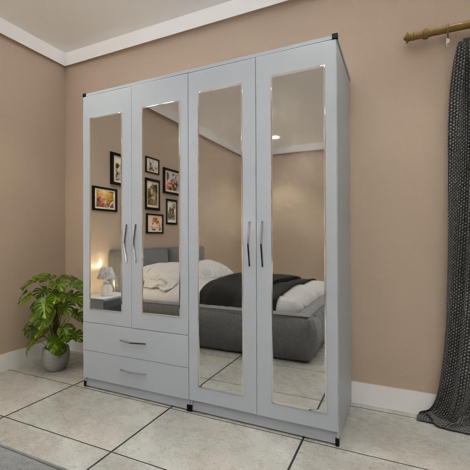 Silver 4 door mirrored wardrobe furniture set with storage drawers