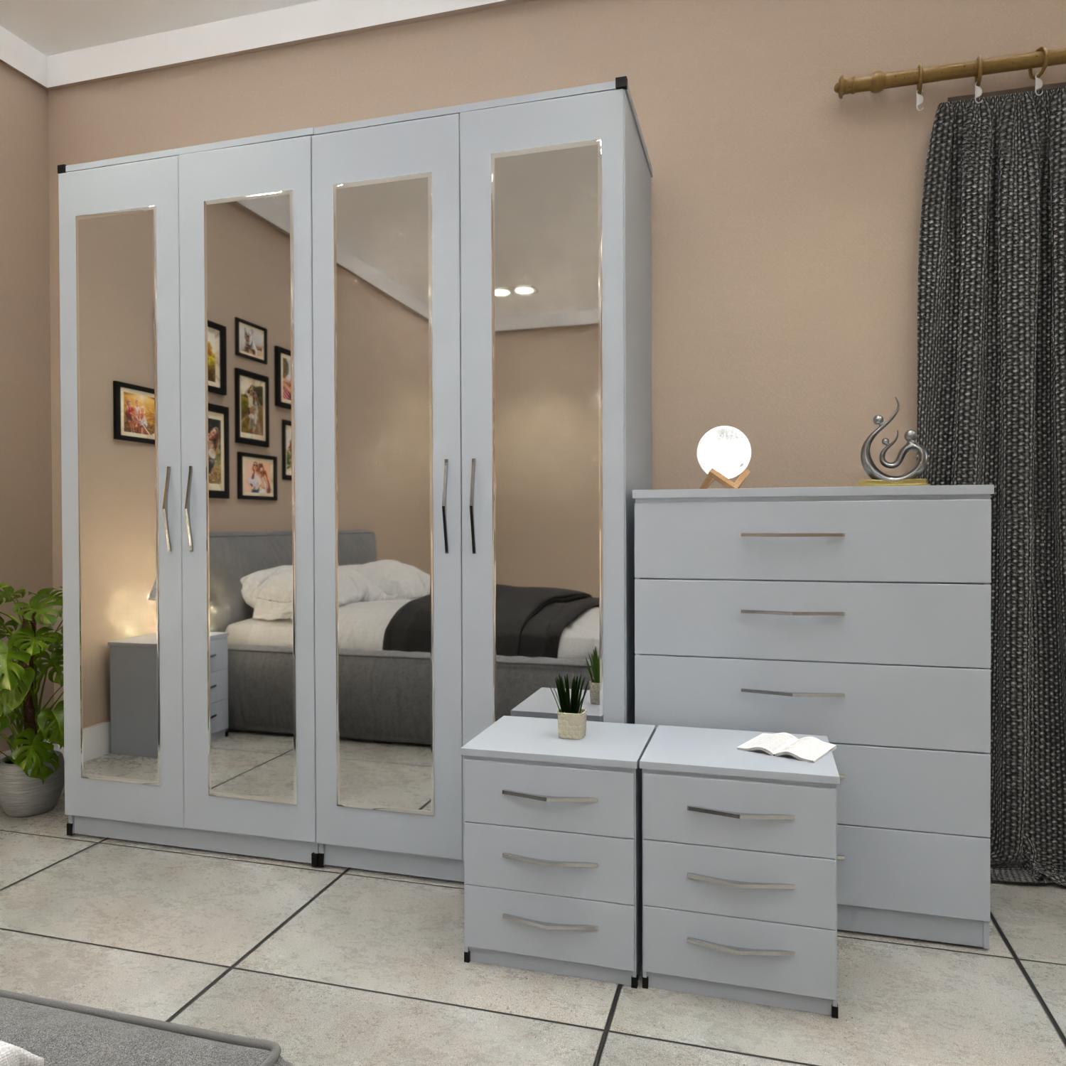 Silver 4 door mirrored wardrobe furniture set with 2 bedside cabinets and chest drawers