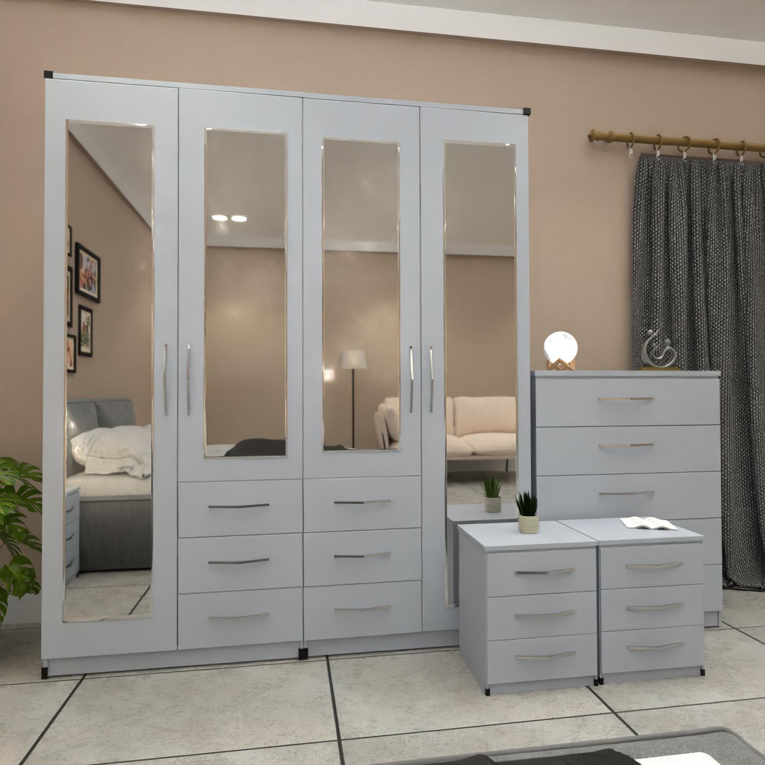 Silver 4 door mirrored combi wardrobe bedroom set with bedside tables and chest of drawers
