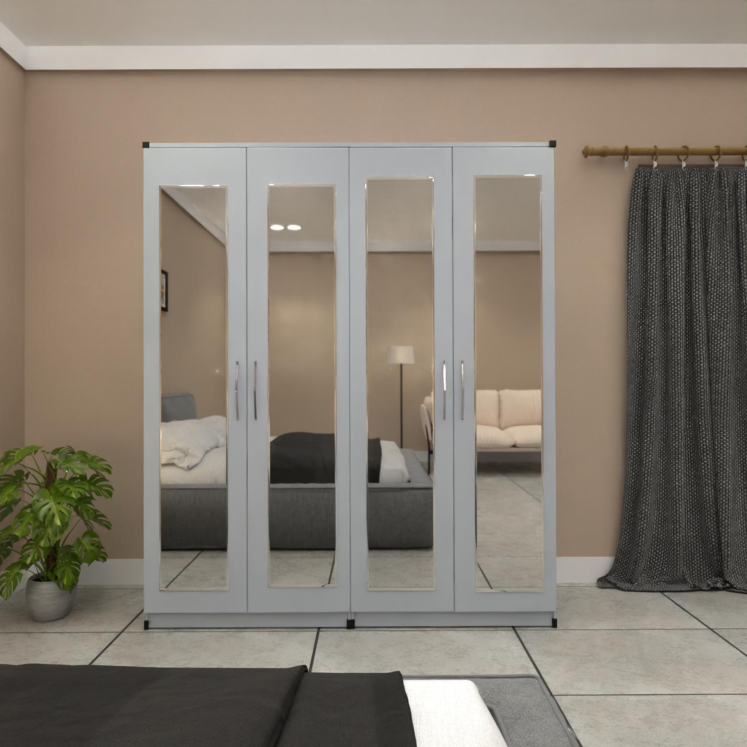 Silver 4 door mirrored wardrobe with spacious bedroom storage