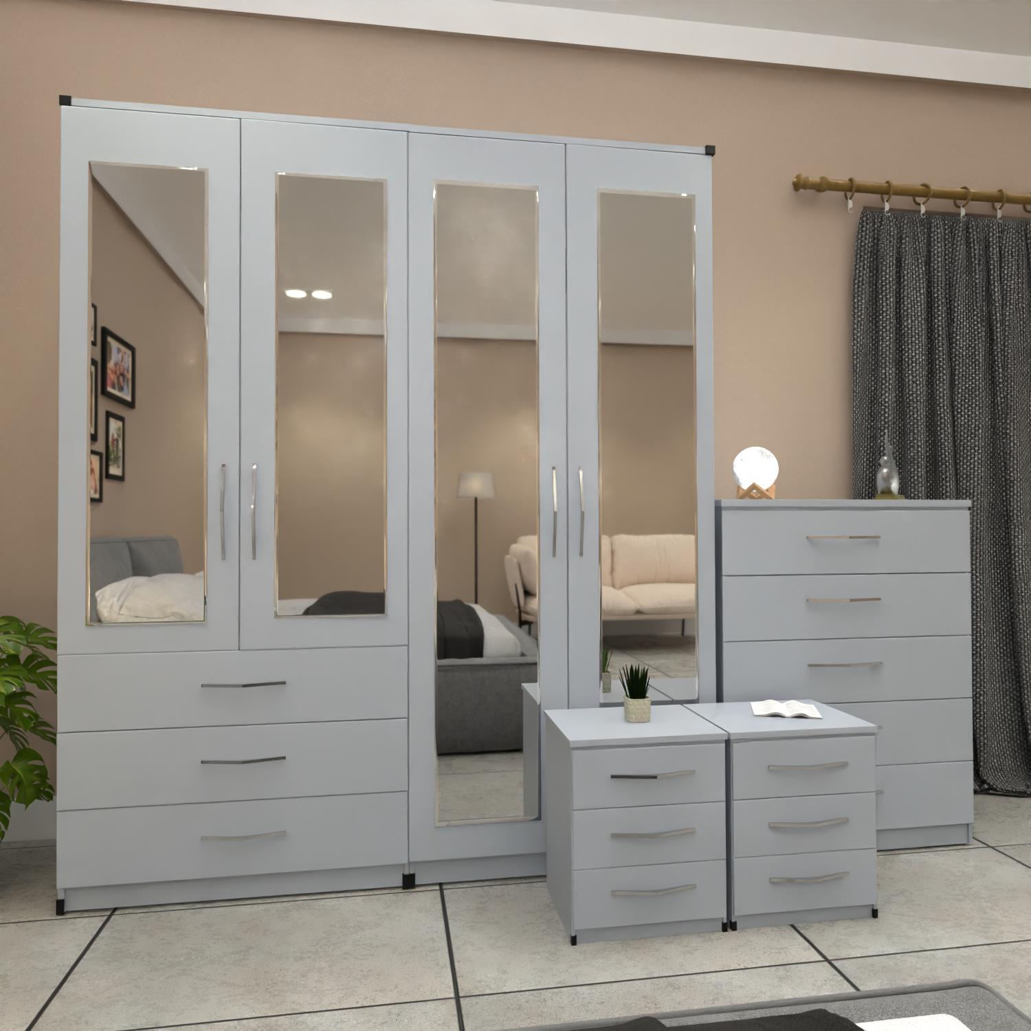 Silver 4 door wardrobe bedroom furniture set with bedside cabinets and chest of drawers