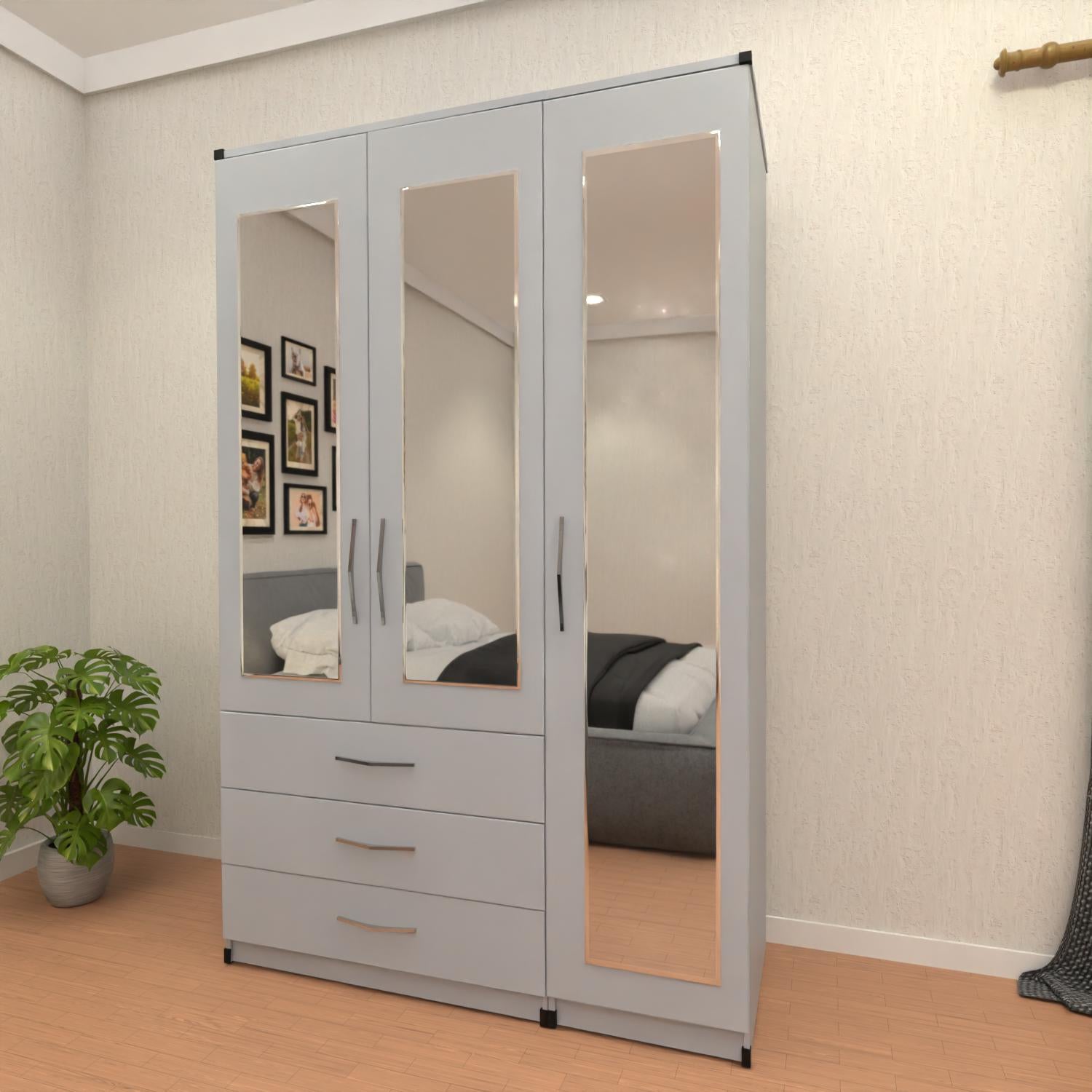 Silver 3 door wardrobe with spacious drawer storage