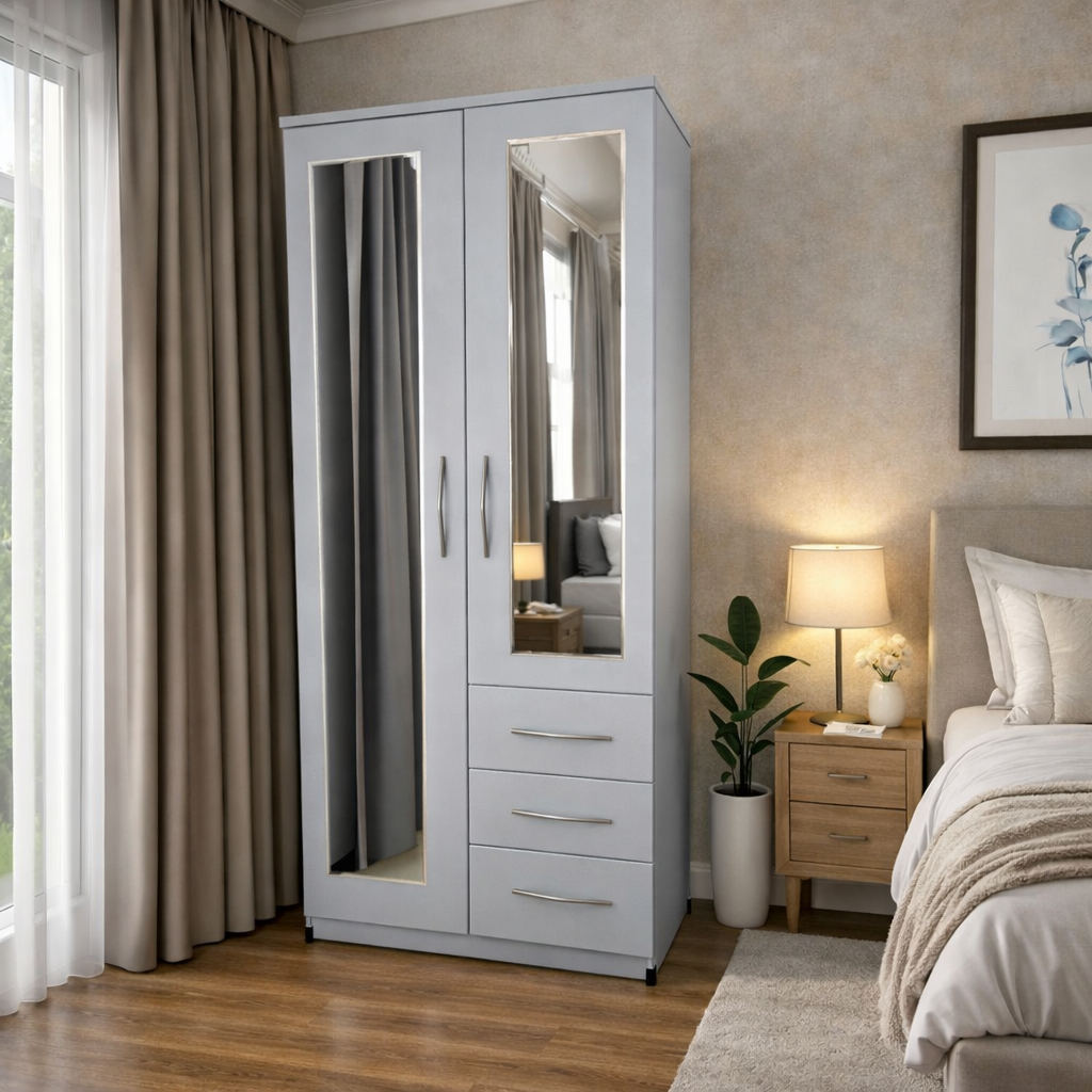 Silver modern combi wardrobe with side drawers for bedroom storage