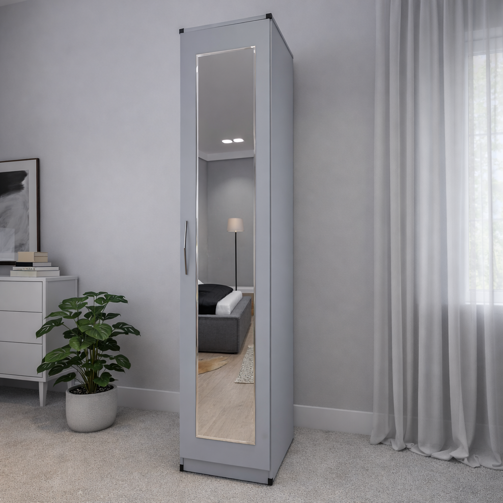 sIlver slim mirrored wardrobe for compact bedroom interiors