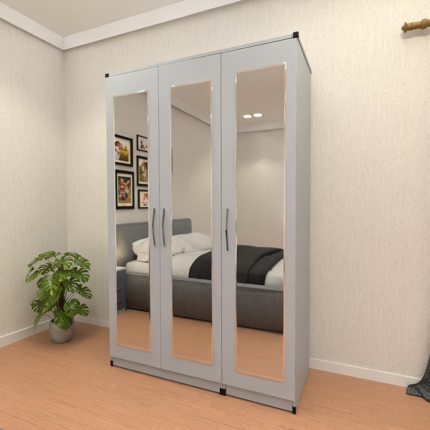 Silver 3 door mirrored wardrobe with spacious hanging storage