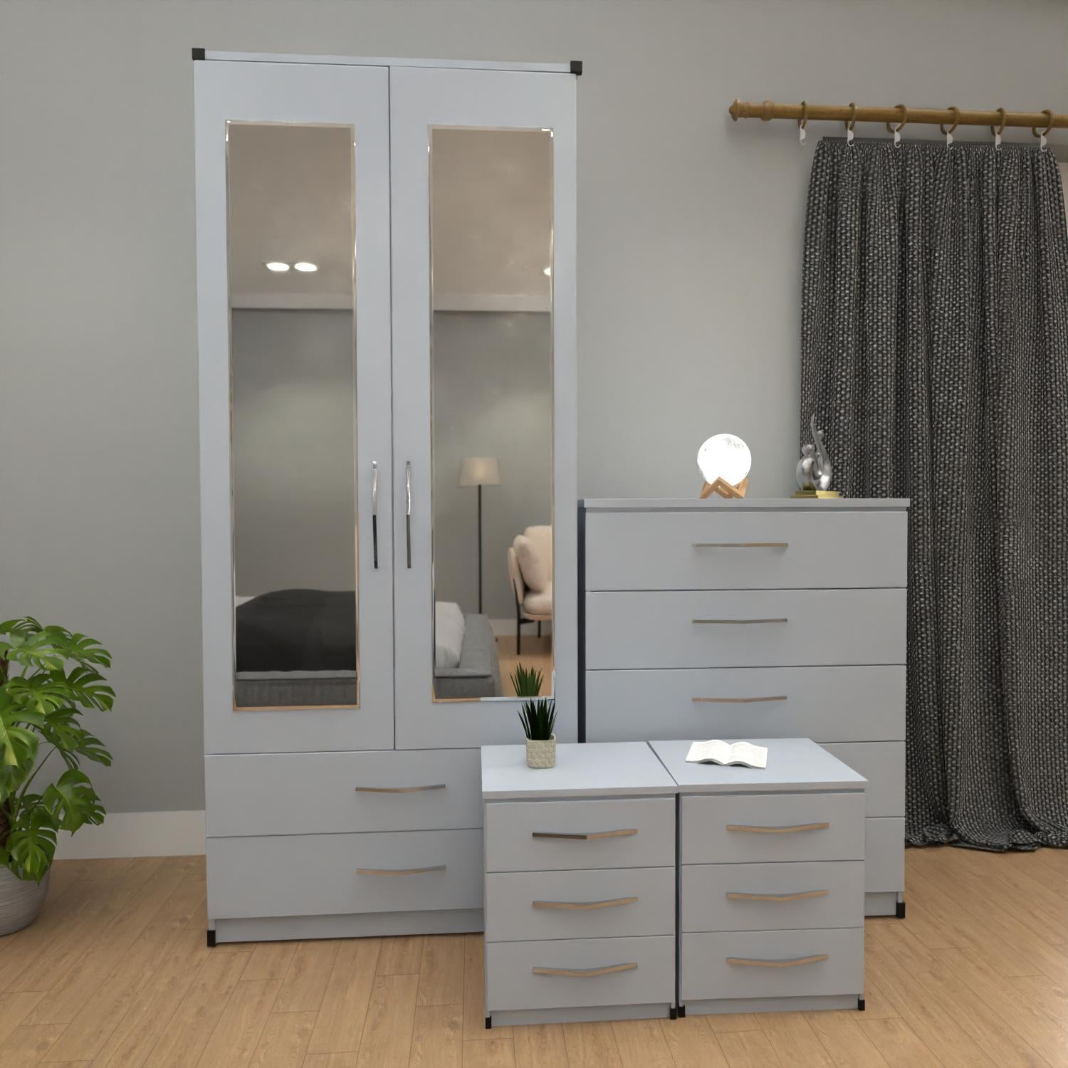 Silver 2 door mirrored wardrobe furniture set with 3 drawer bedside cabinets and 5 drawer chest