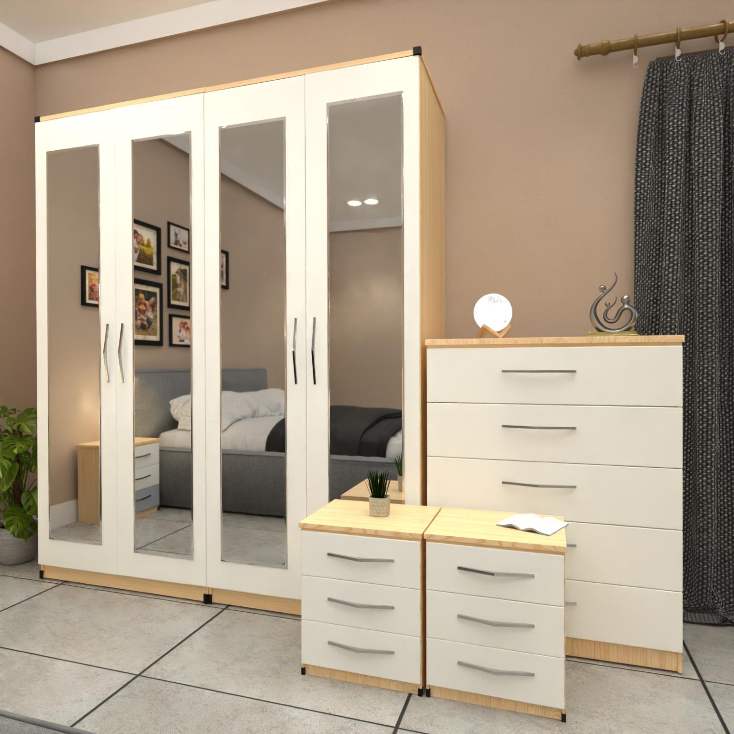 White and oak 4 door mirrored wardrobe furniture set with 2 bedside cabinets and chest drawers