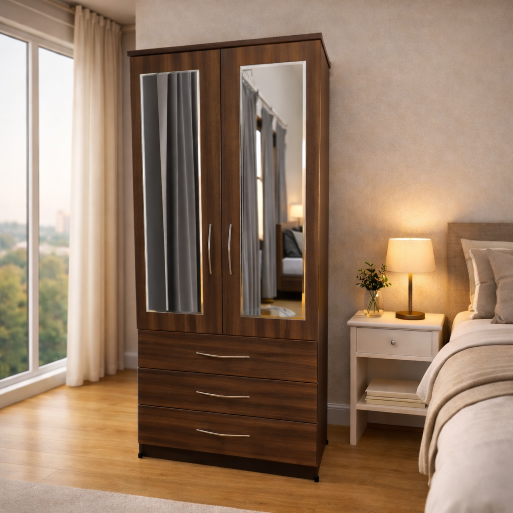 Walnut 2 door mirrored wardrobe with 3 storage drawers