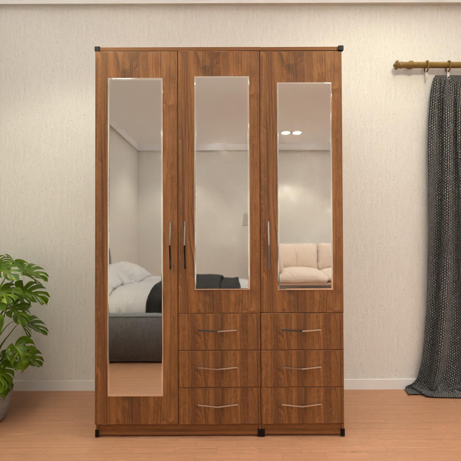 Walnut 3 door mirrored combi wardrobe with drawer storage