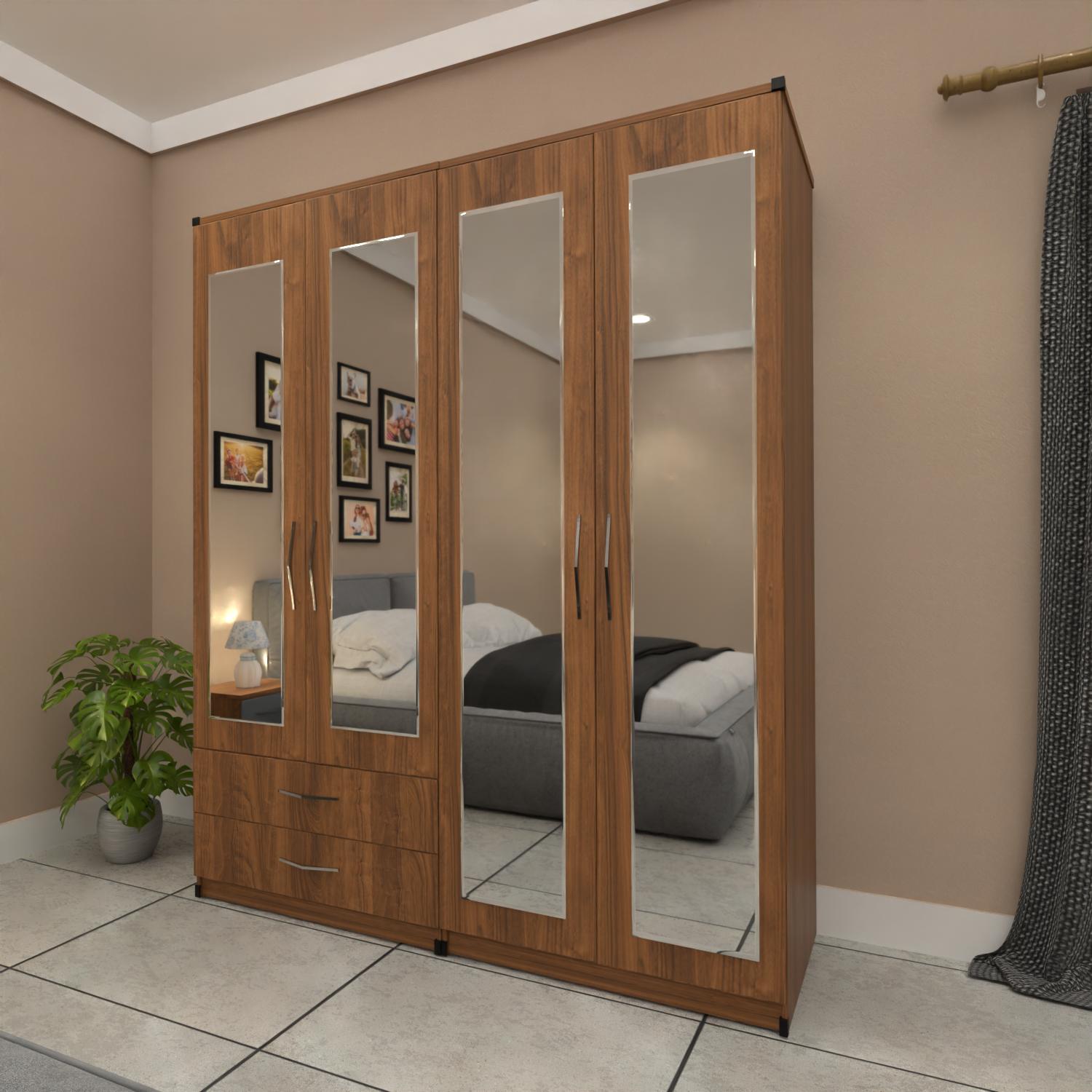 Walnut 4 door mirrored wardrobe bedroom furniture set