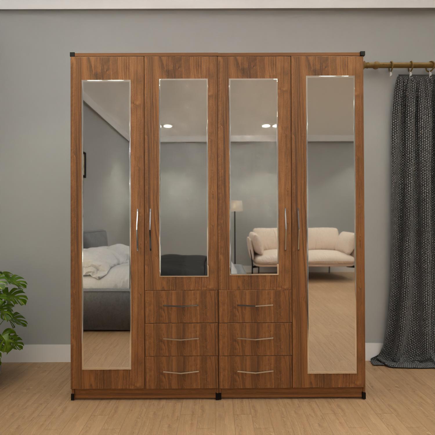 Walnut 4 door mirrored combi wardrobe with 6 drawers